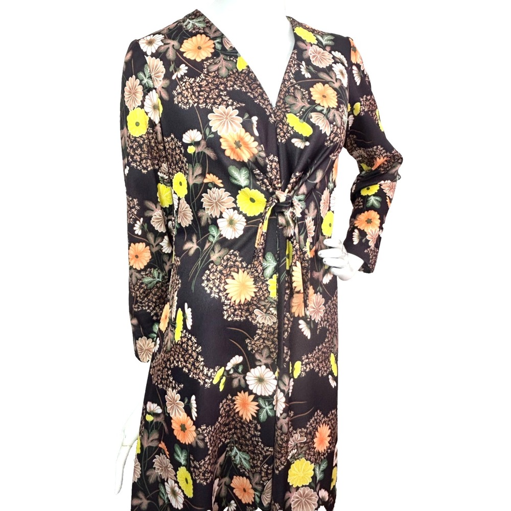 70s Floral Maxi Dress Size 8-10 M-L Brown V-Neck Twist Front Long Sleeve EUC - Picture 7 of 12